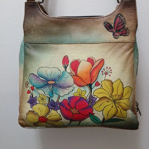 Anushka Leather Hand painted Handbag Purse Dragonfly Butterfly Floral Medium - Picture 2 of 16
